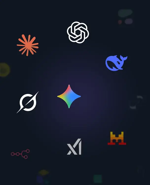 Logos of leading AI platforms including OpenAI, Claude, Gemini and DeepSeek