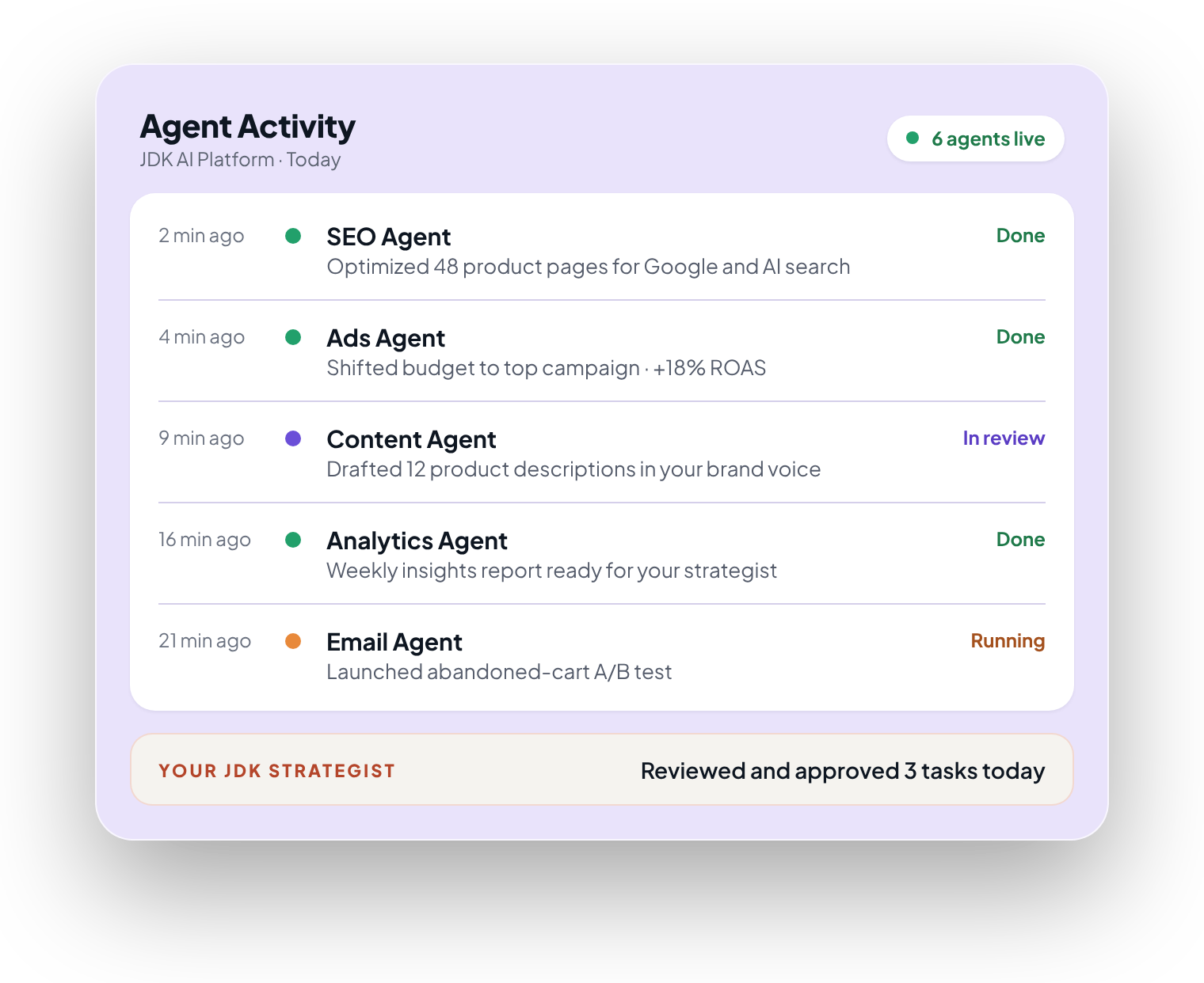 Agent activity log with task statuses