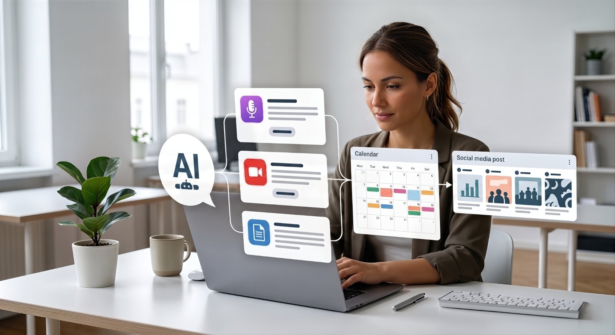 Marketer at a laptop with AI organizing content, calendar and social posts
