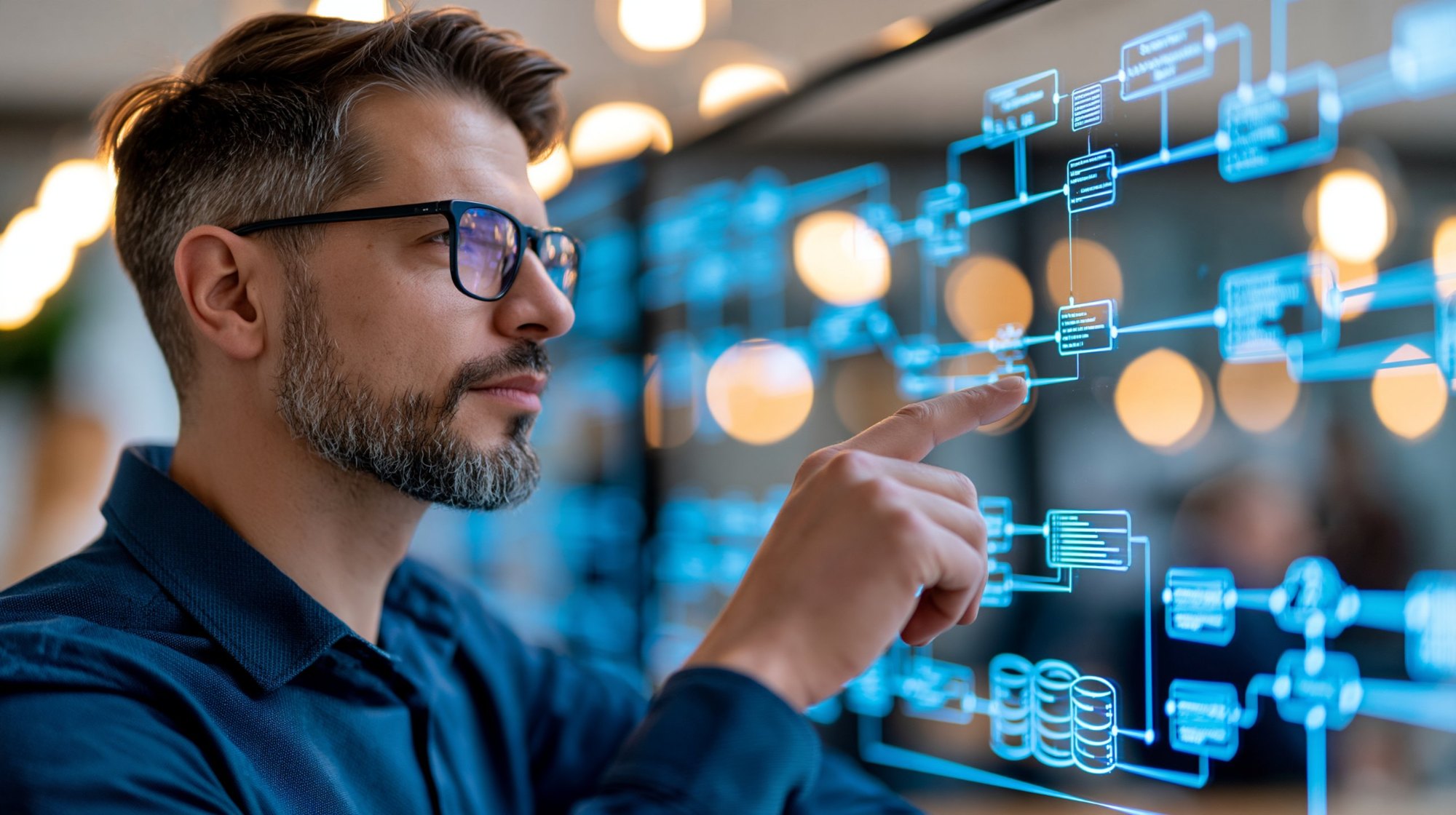Strategist directing an AI workflow on a glass display