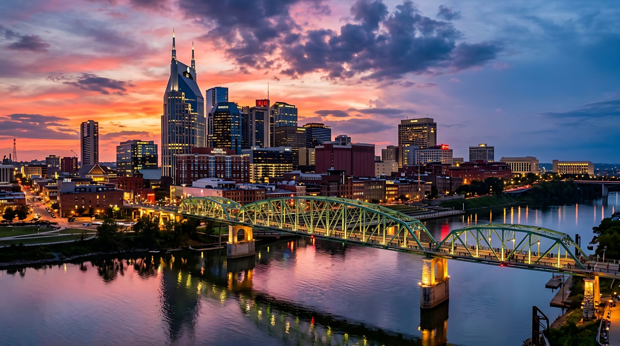 Nashville skyline and pedestrian bridge at sunset