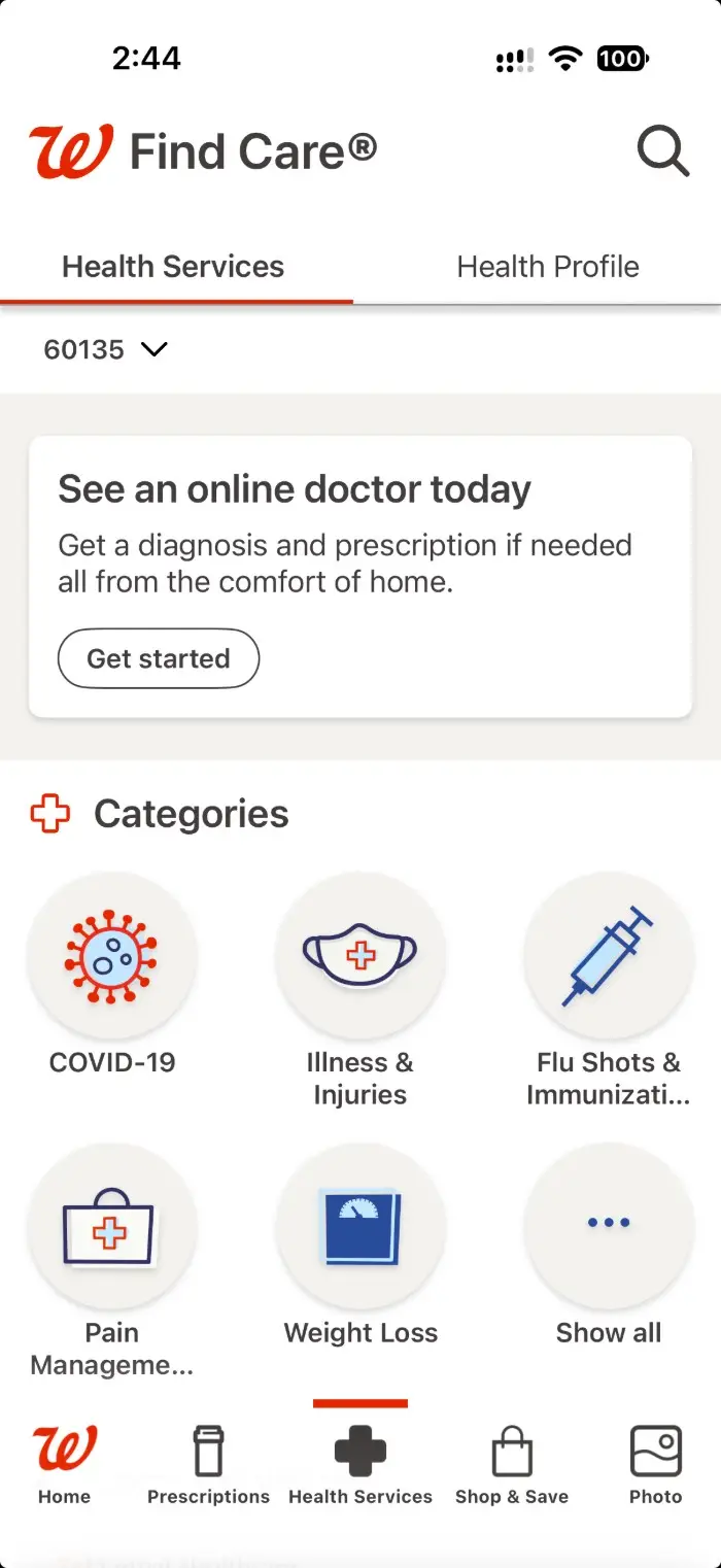 Walgreens App – health services screen