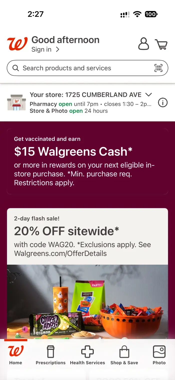 Walgreens App – home screen