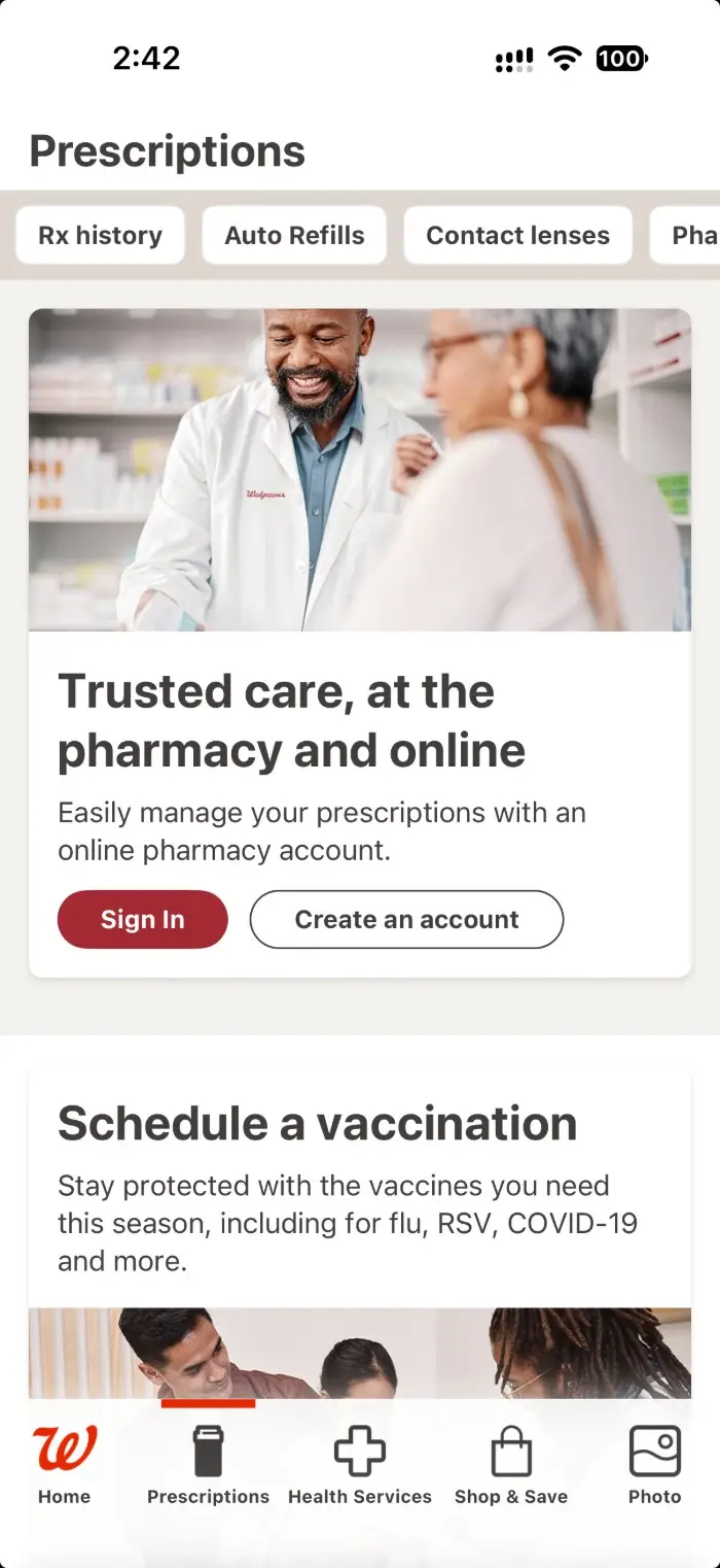 Walgreens App – prescriptions screen