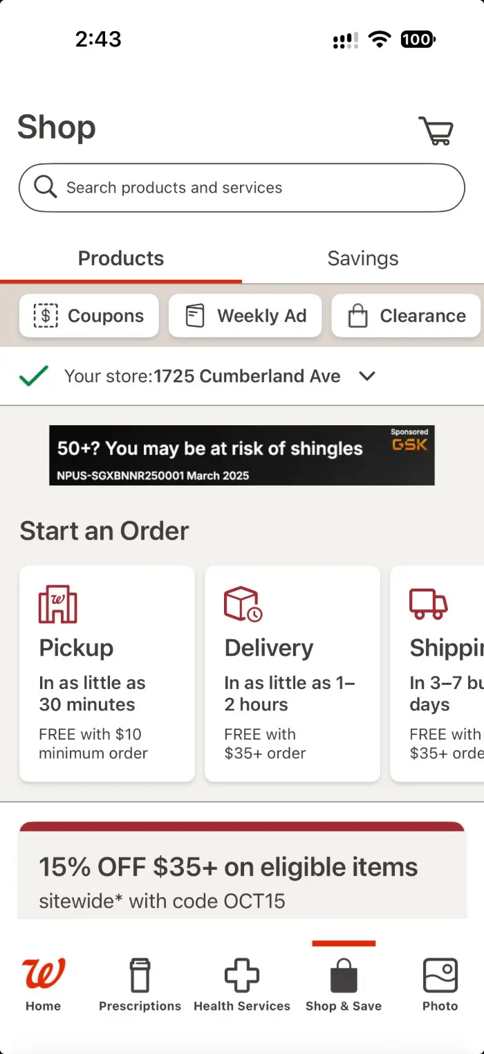Walgreens App – shop screen